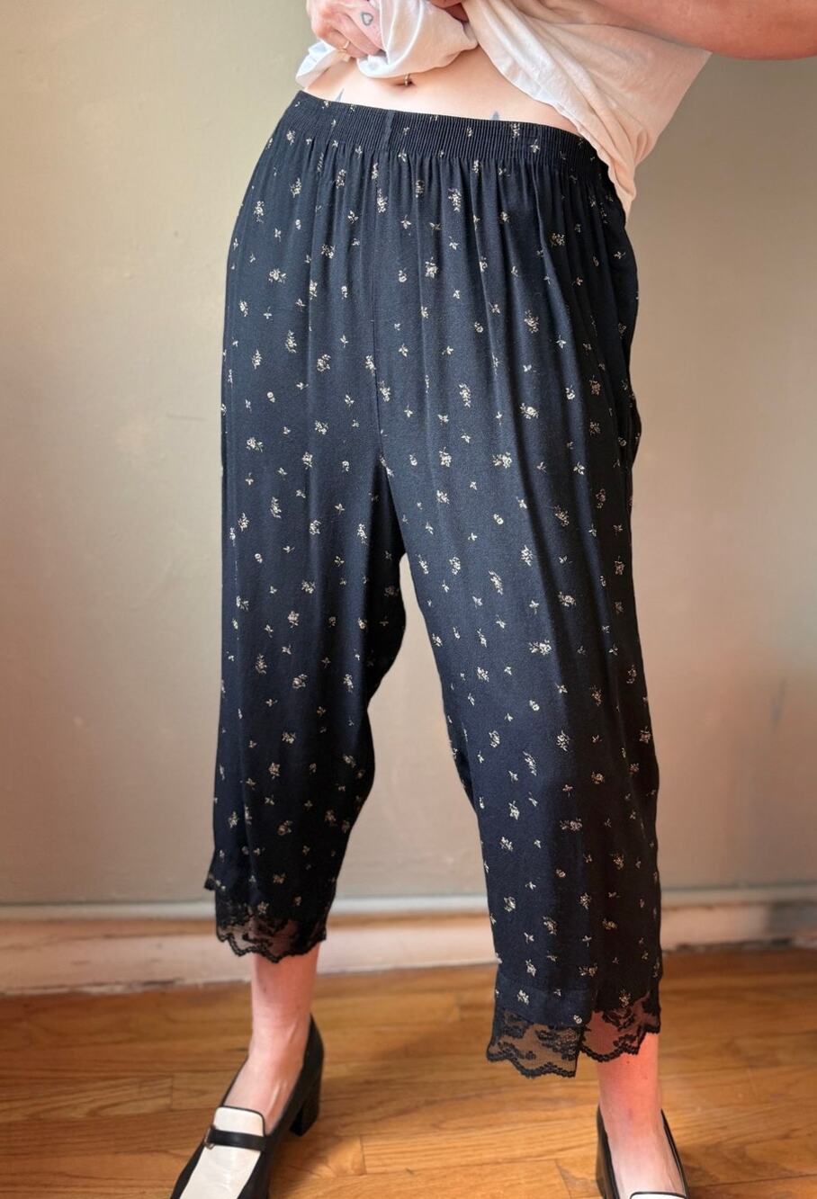 Vintage 90s Floral Lace Hem Lounge Pants | Grunge Black Rayon Trousers | M/L